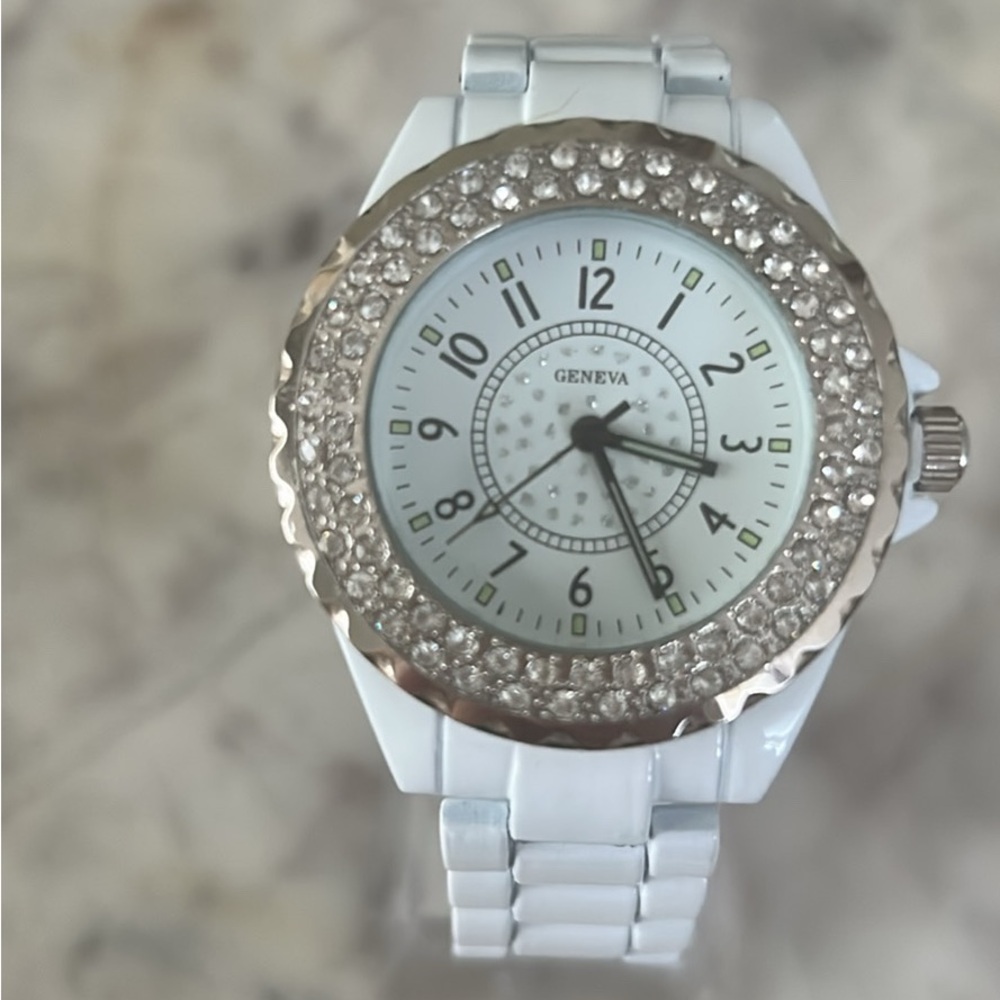 Geneva White Watch with Sparkling Bezel